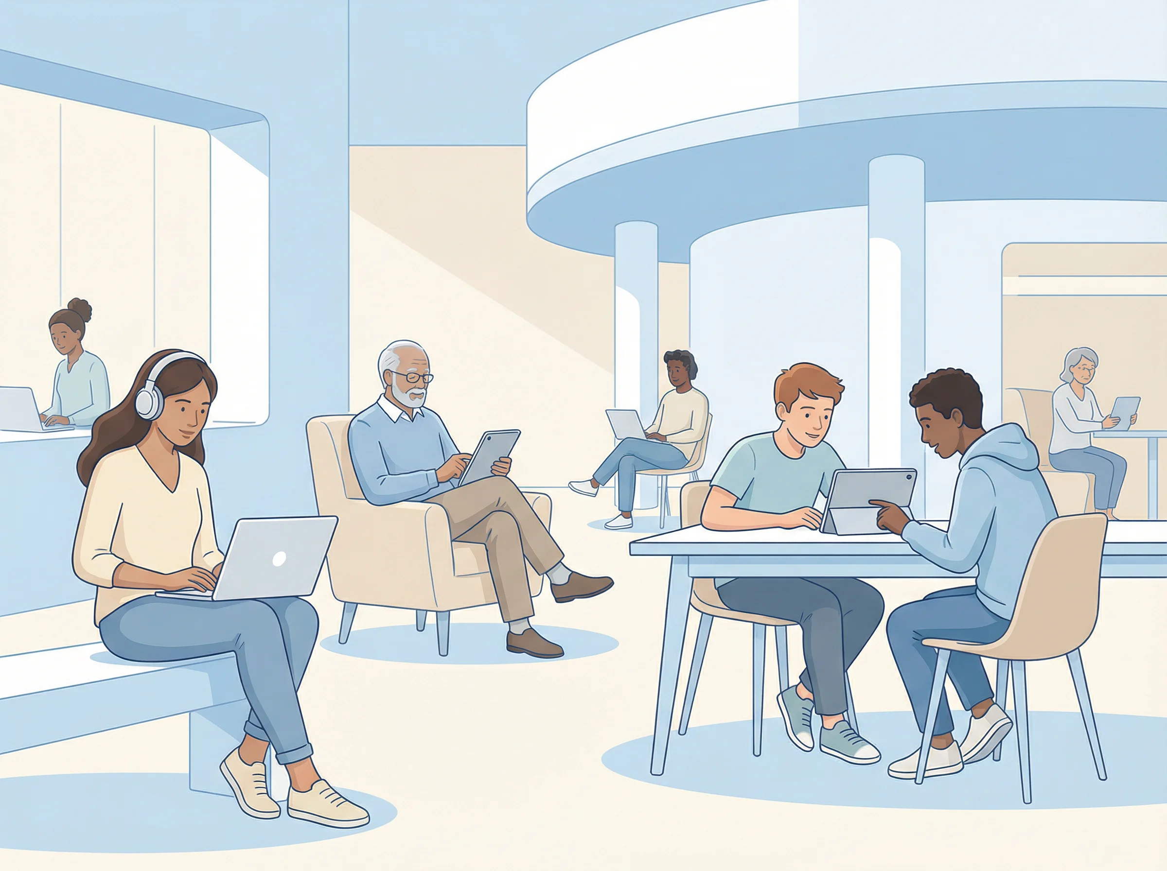 Разнообразная аудитория: люди за устройствами, концепция обучения, 800x600