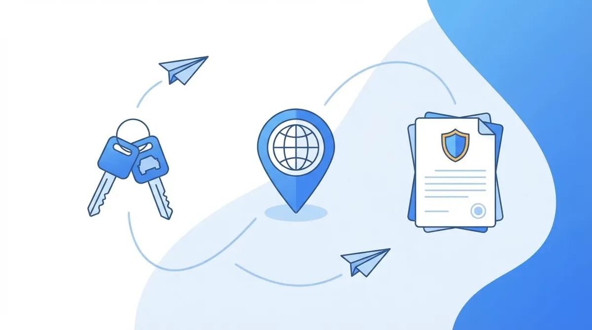 Ilustracja edukacyjna: planowanie ubezpieczenia komunikacyjnego przy przeprowadzce do USA