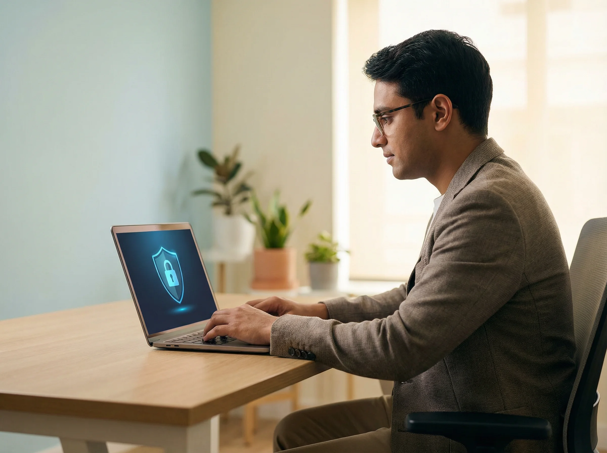 Безопасные привычки в интернете и почте, человек за ноутбуком с замком на экране, 800x600